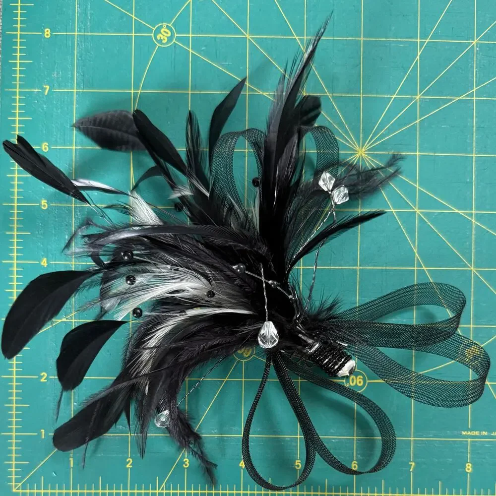 Bel Aire Bridal Black Feather Fascinator Hair Clip Mesh Beaded Formal Gothic